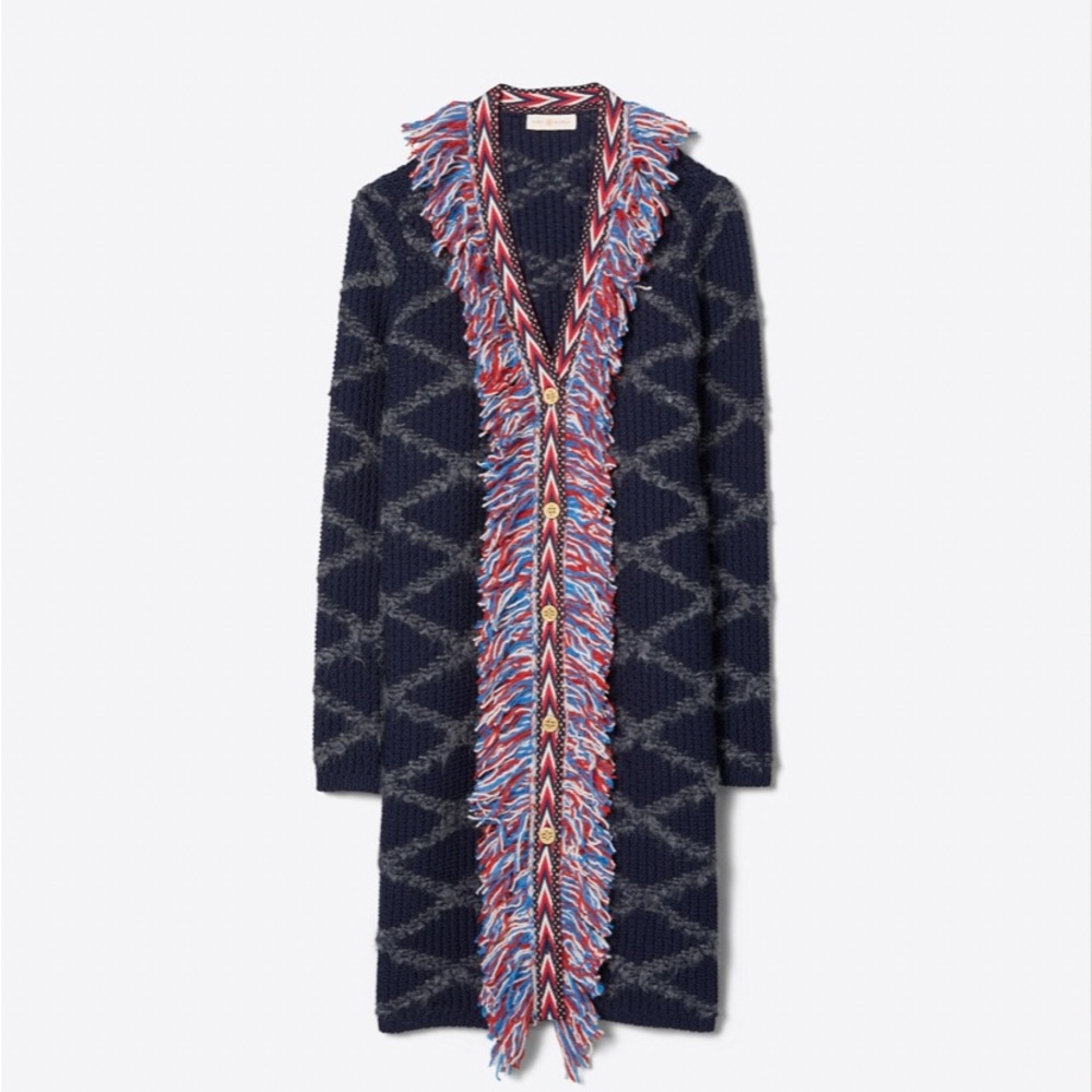 TORY BURCH TWEED TRIM LONG WOOL CARDIGAN WITH ALLOVER FRINGE IN TORY NAVY SIZE S
